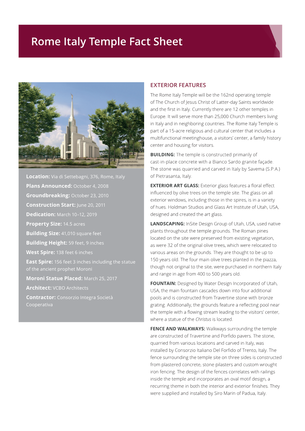 Rome Italy Temple Fact Sheet