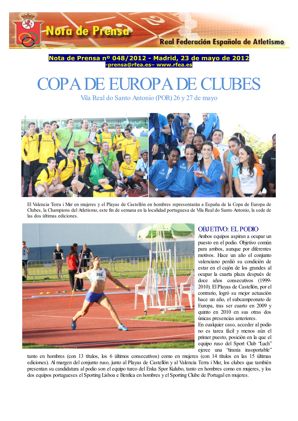 COPA DE EUROPA DE CLUBES Vila Real Do Santo Antonio (POR) 26 Y 27 De Mayo