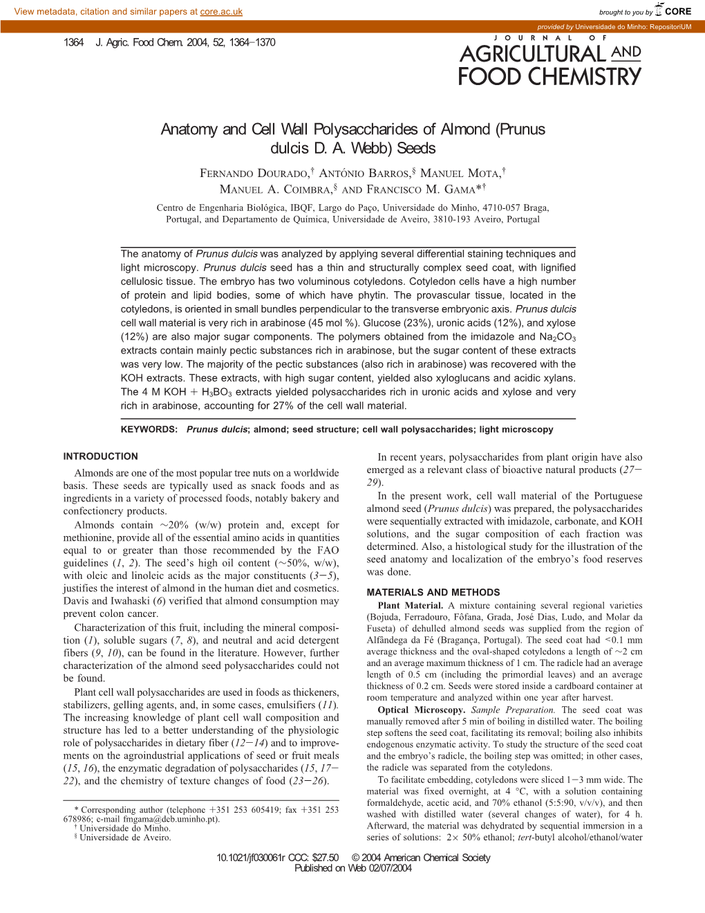 Anatomy and Cell Wall Polysaccharides of Almond (Prunus Dulcis D