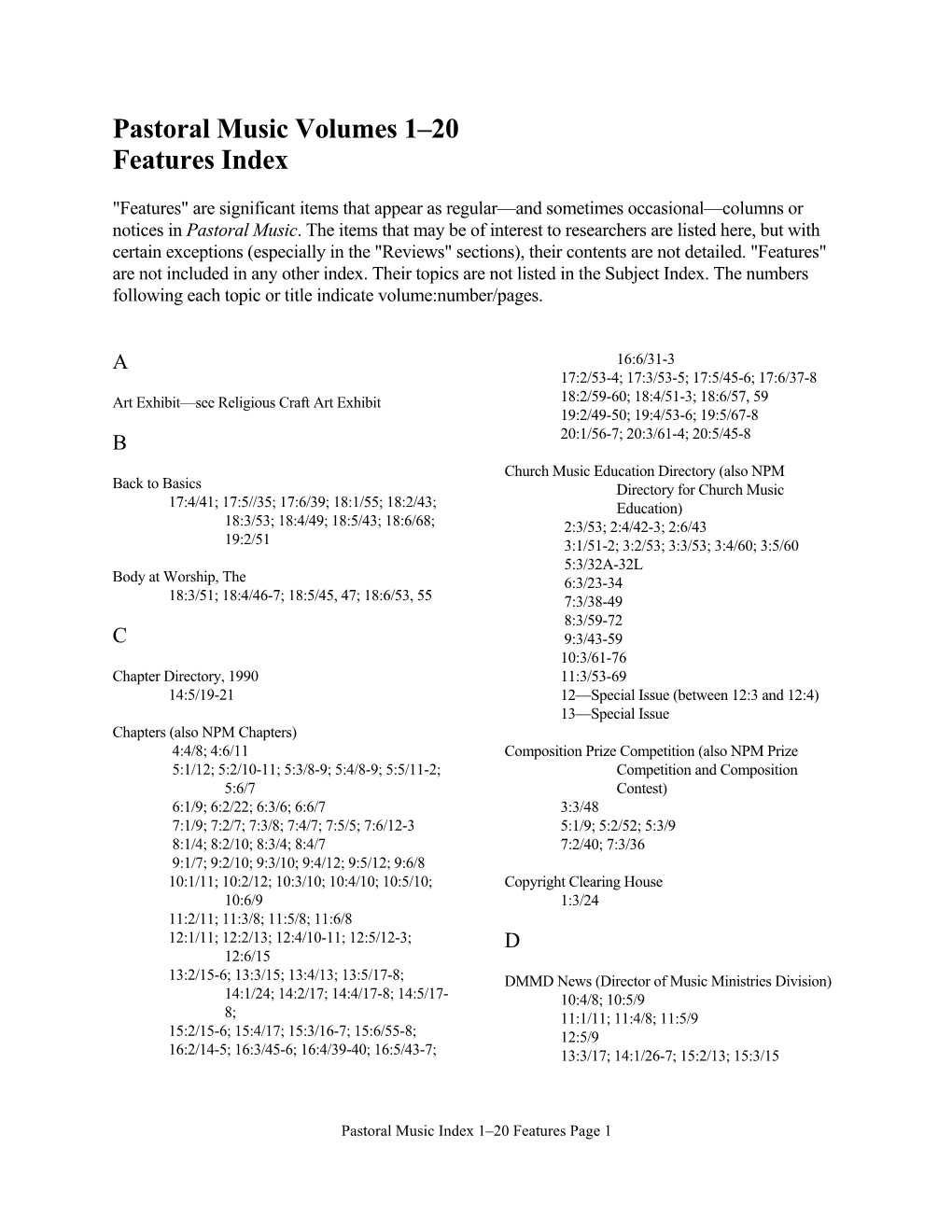 Pastoral Music Volumes 1–20 Features Index