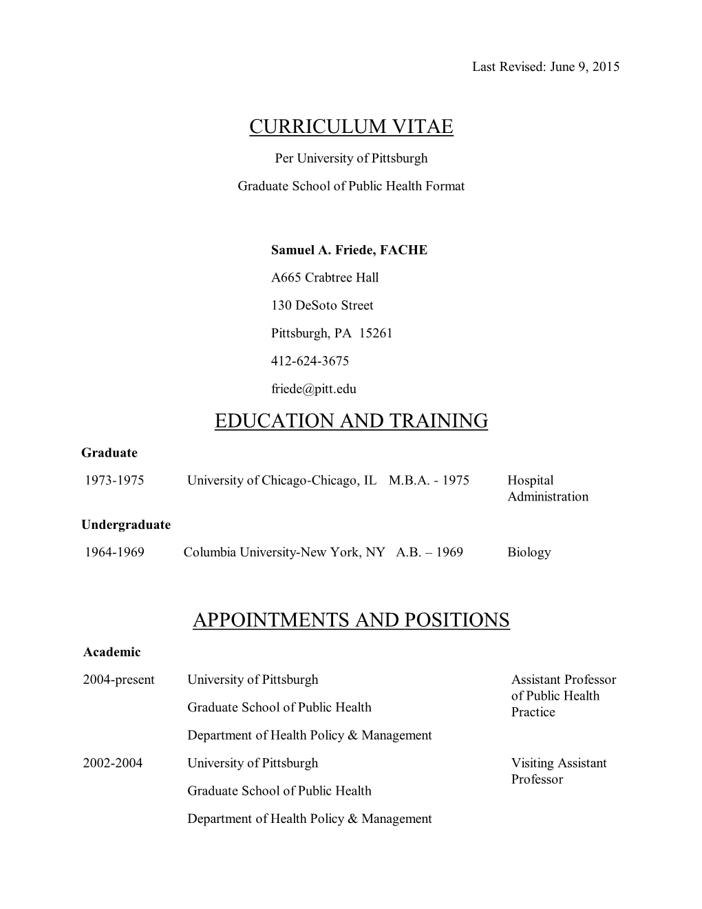 Curriculum Vitae Education and Training Appointments