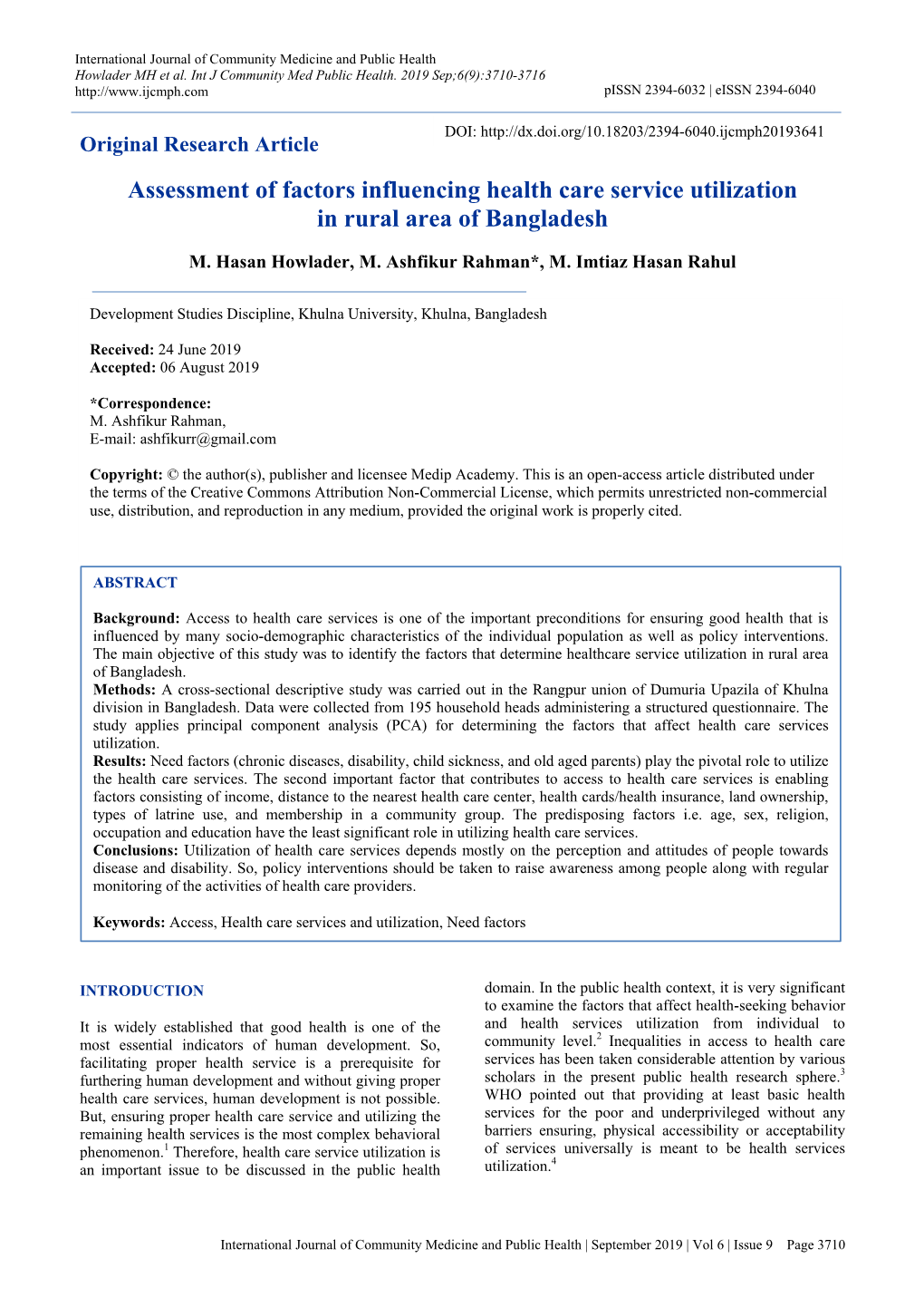 Assessment of Factors Influencing Health Care Service Utilization in Rural Area of Bangladesh