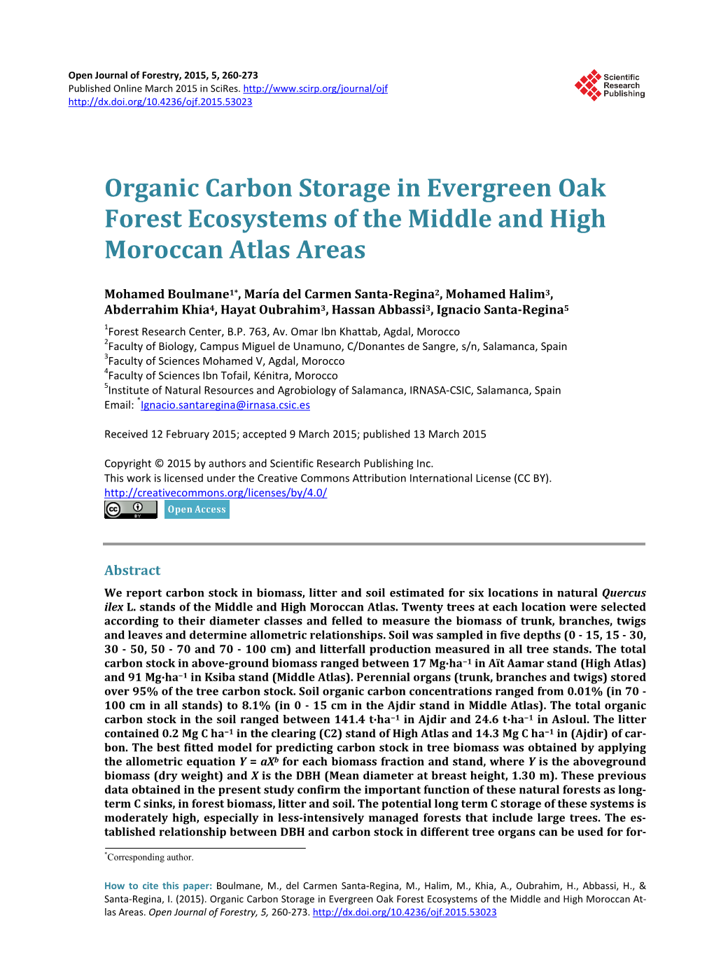 Organic Carbon Storage in Evergreen Oak Forest Ecosystems of the Middle and High Moroccan Atlas Areas