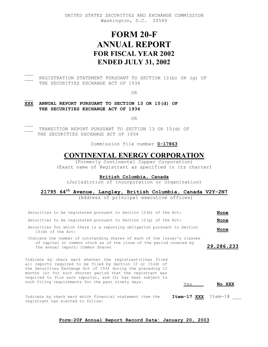 Form 20-F Annual Report for Fiscal Year 2002 Ended July 31, 2002