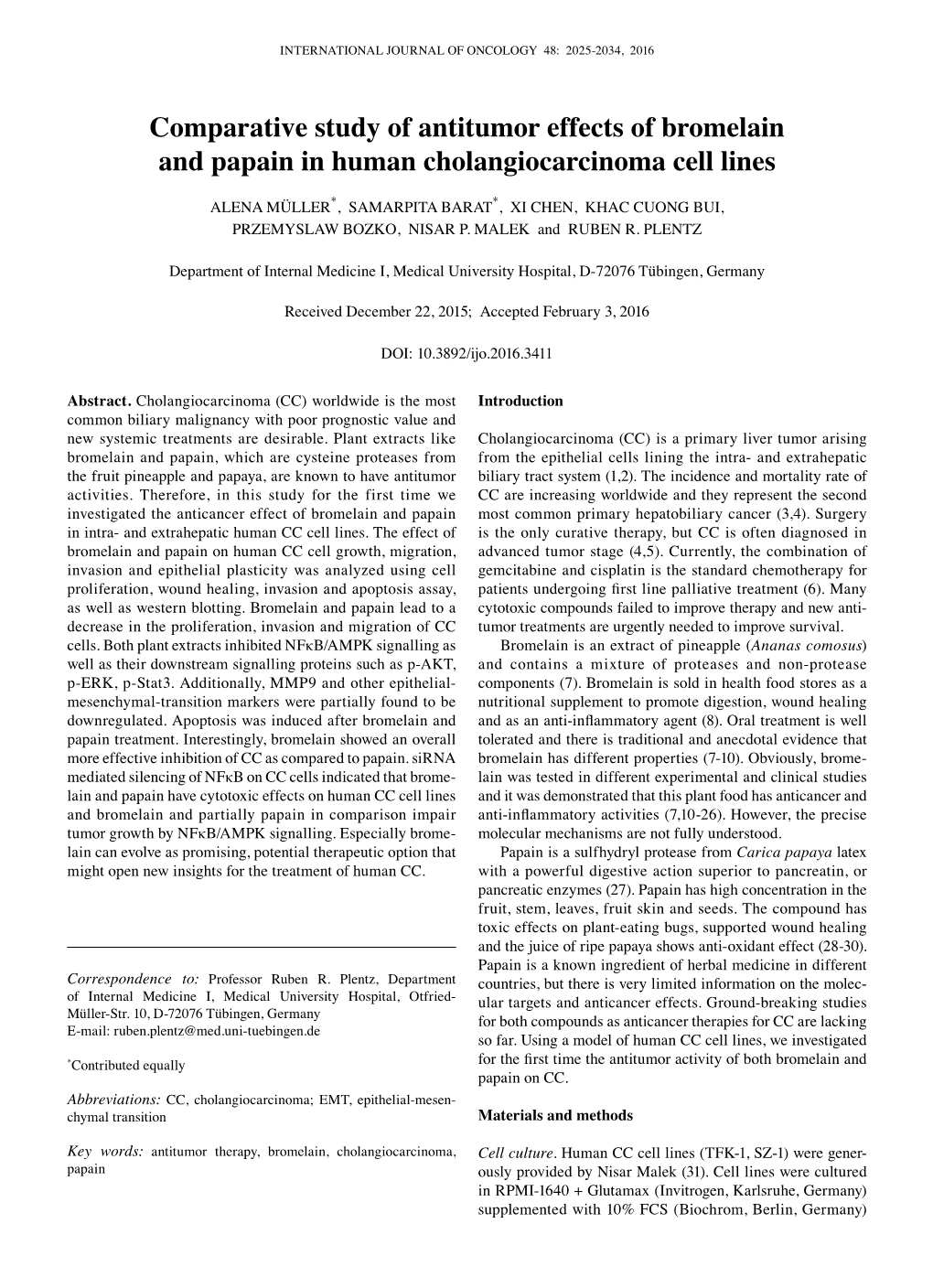 Comparative Study of Antitumor Effects of Bromelain and Papain in Human Cholangiocarcinoma Cell Lines