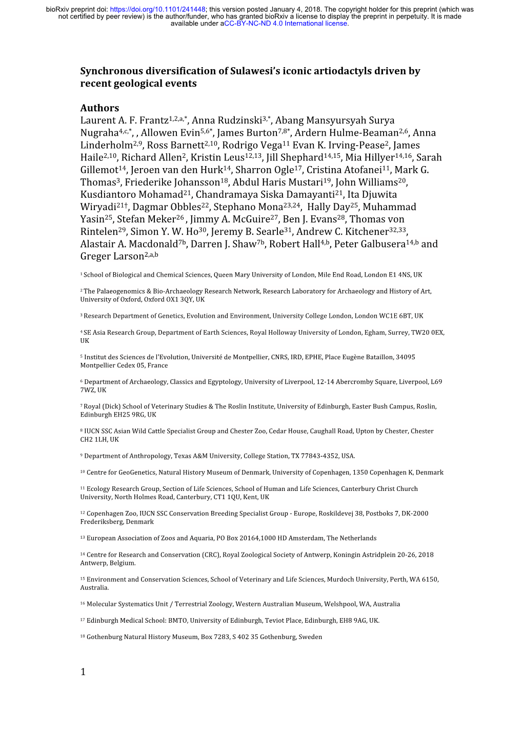 1 Synchronous Diversification of Sulawesi's Iconic Artiodactyls Driven