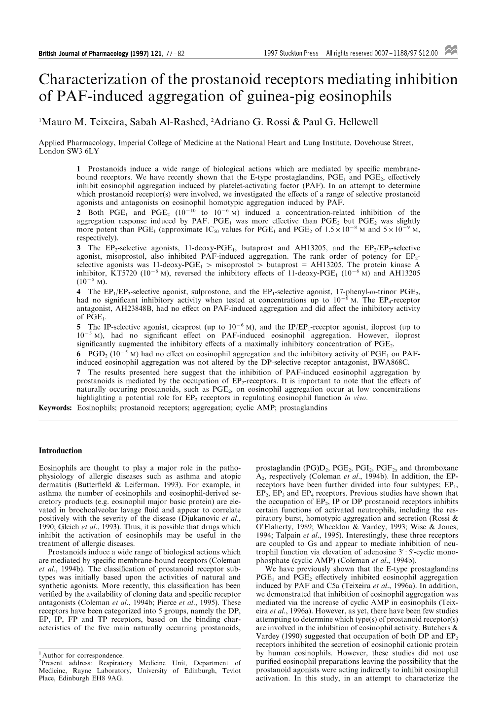 Characterization of the Prostanoid Receptors Mediating Inhibition of PAF-Induced Aggregation of Guinea-Pig Eosinophils