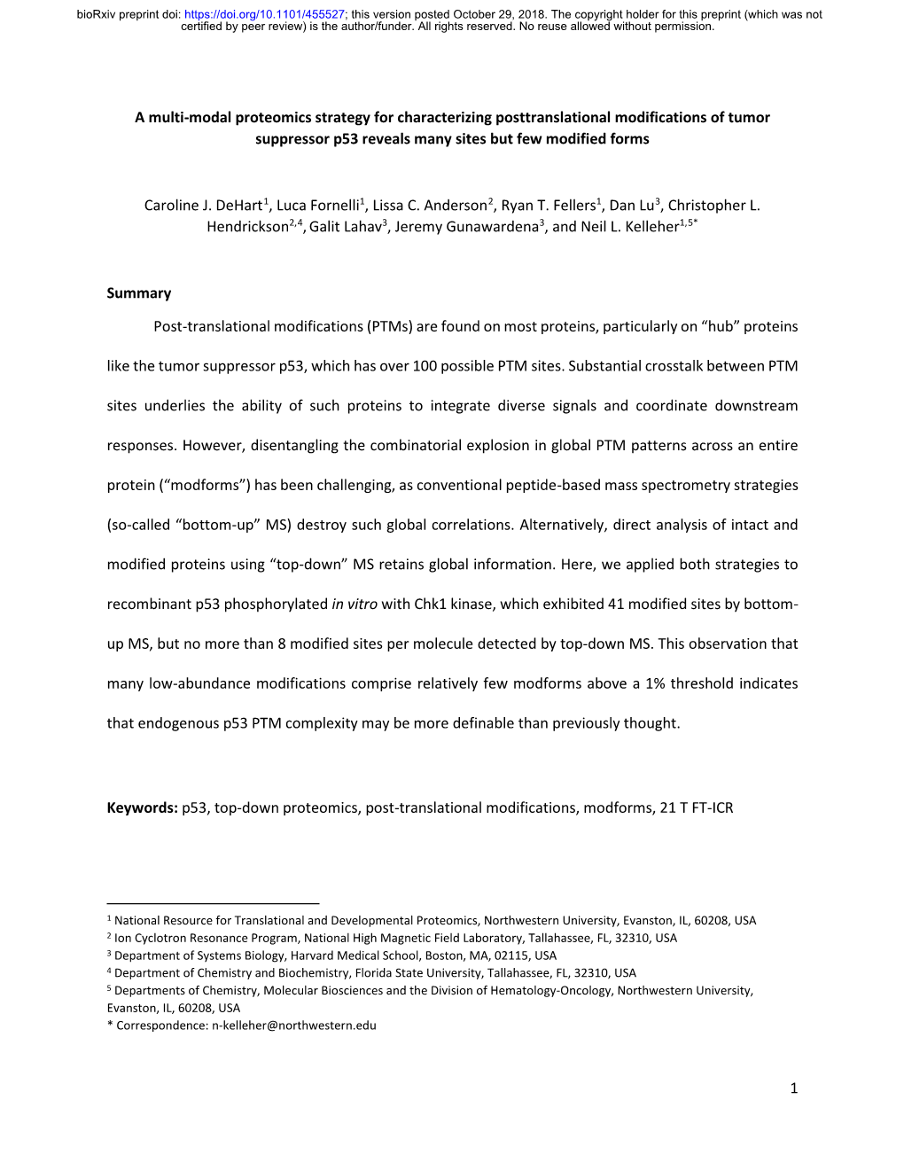 1 a Multi-Modal Proteomics Strategy for Characterizing Posttranslational Modifications of Tumor Suppressor P53 Reveals Many Site