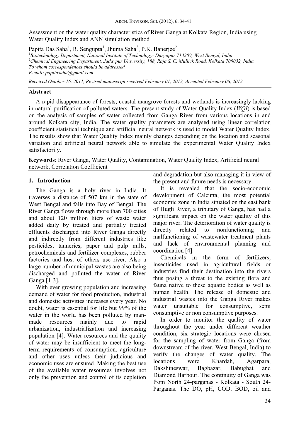 34 Assessment on the Water Quality Characteristics of River Ganga At