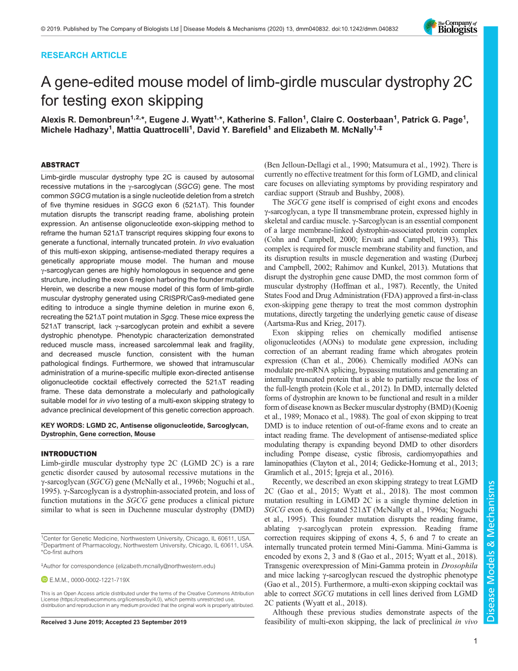 A Gene-Edited Mouse Model of Limb-Girdle Muscular Dystrophy 2C for Testing Exon Skipping Alexis R