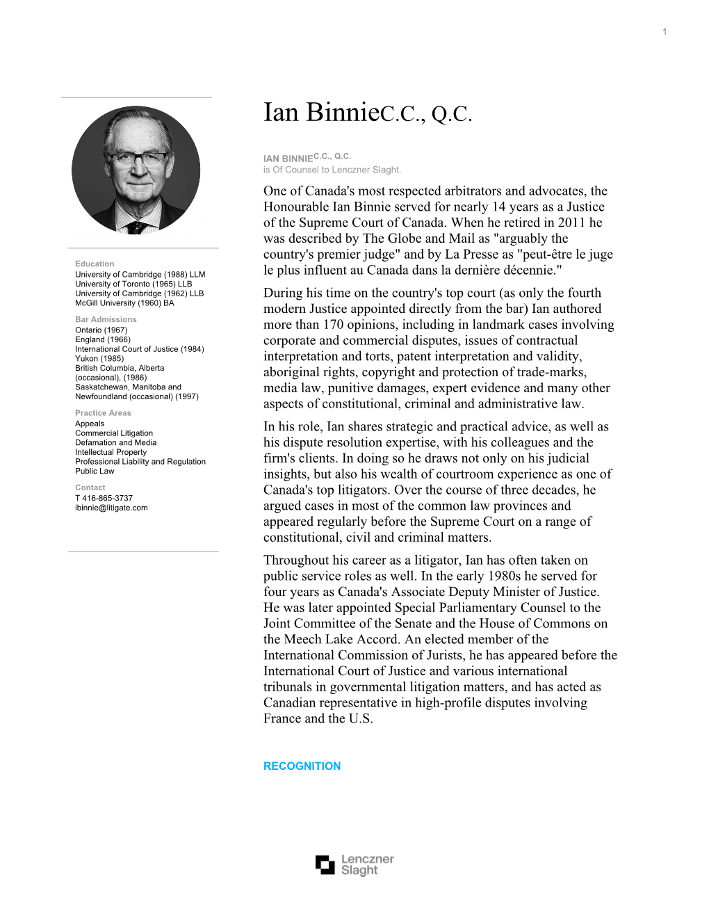 Ian Binnie, C.C., Q.C. | Lenczner Slaght