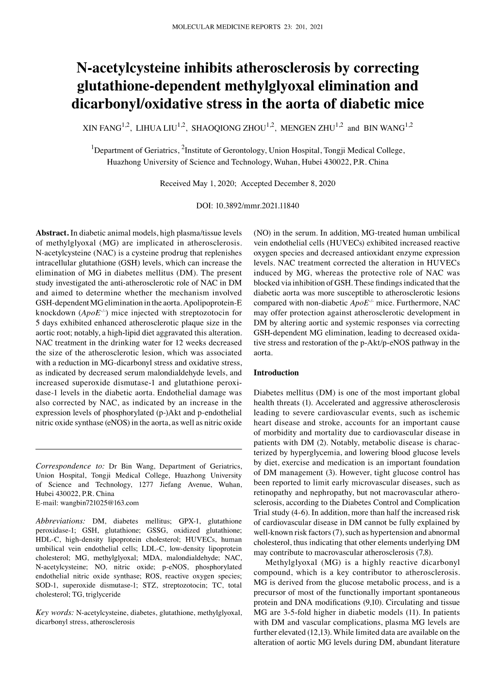 N‑Acetylcysteine Inhibits Atherosclerosis by Correcting Glutathione‑Dependent Methylglyoxal Elimination and Dicarbonyl/Oxidative Stress in the Aorta of Diabetic Mice