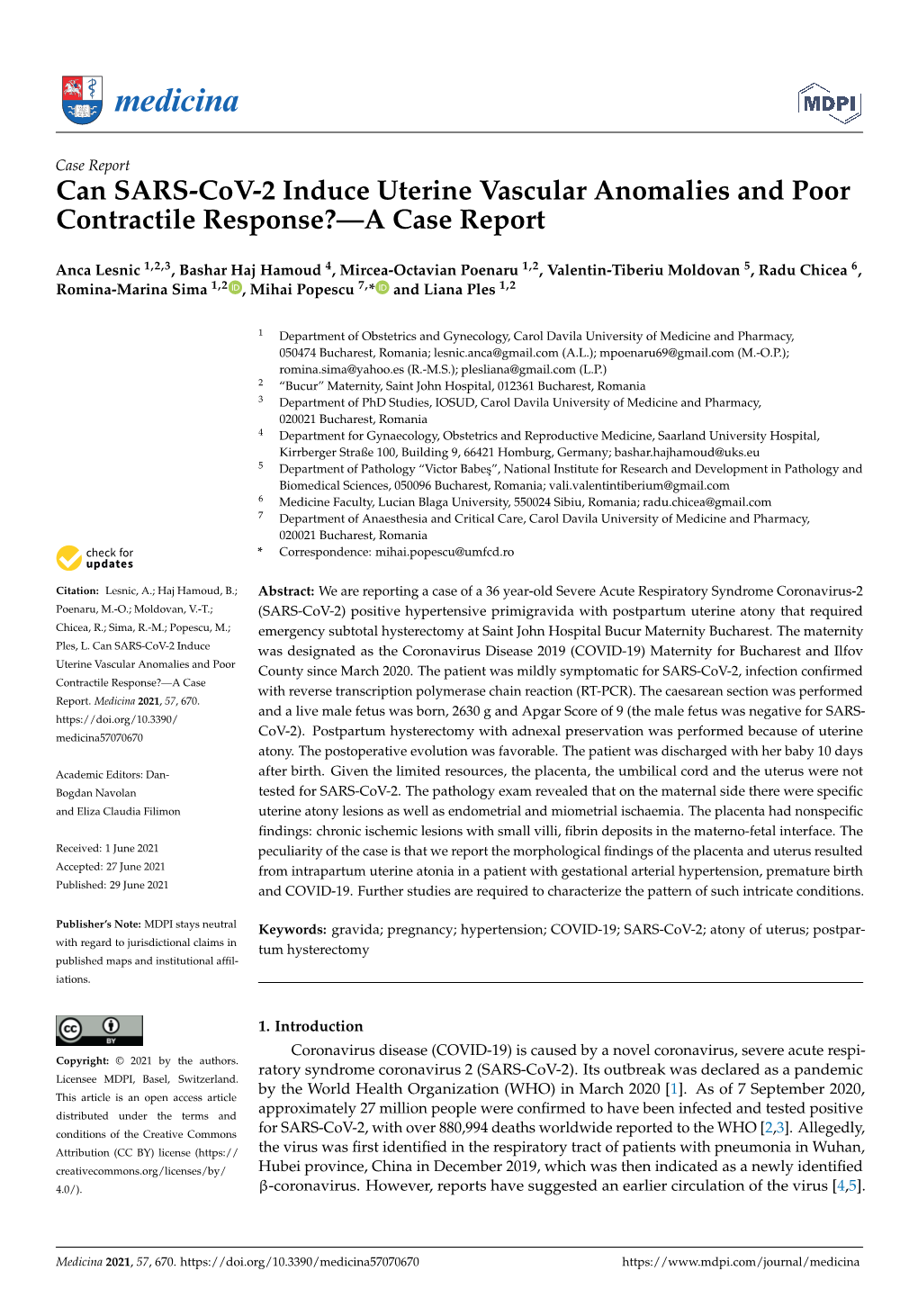 Can SARS-Cov-2 Induce Uterine Vascular Anomalies and Poor Contractile Response?—A Case Report