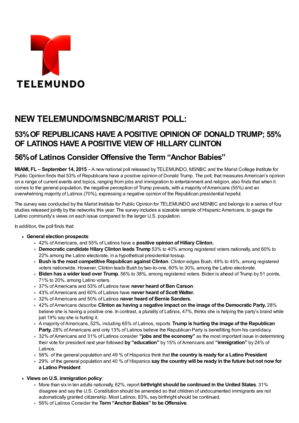 New Telemundo/Msnbc/Marist Poll