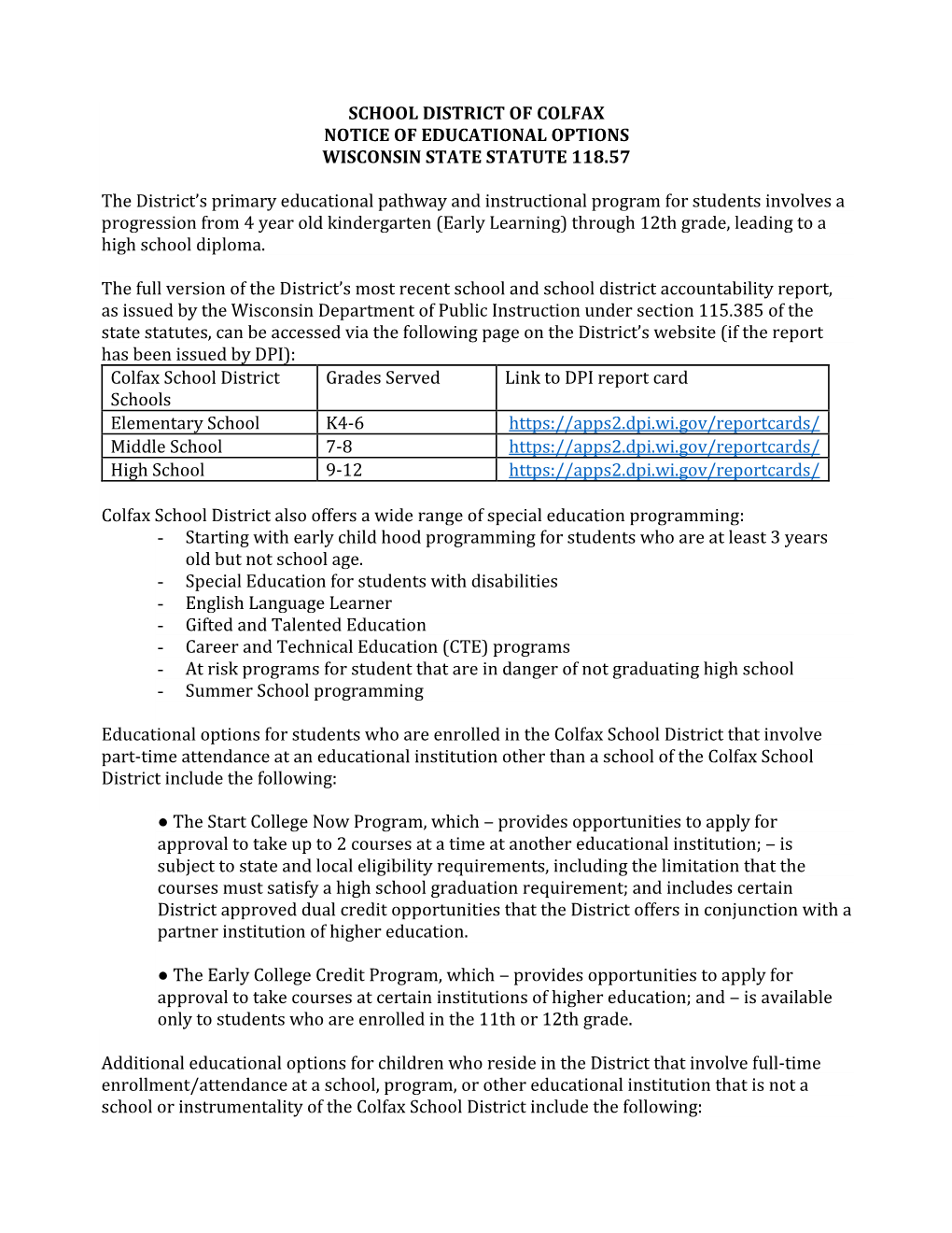 Notice of Educational Options Wisconsin State Statute 118.57