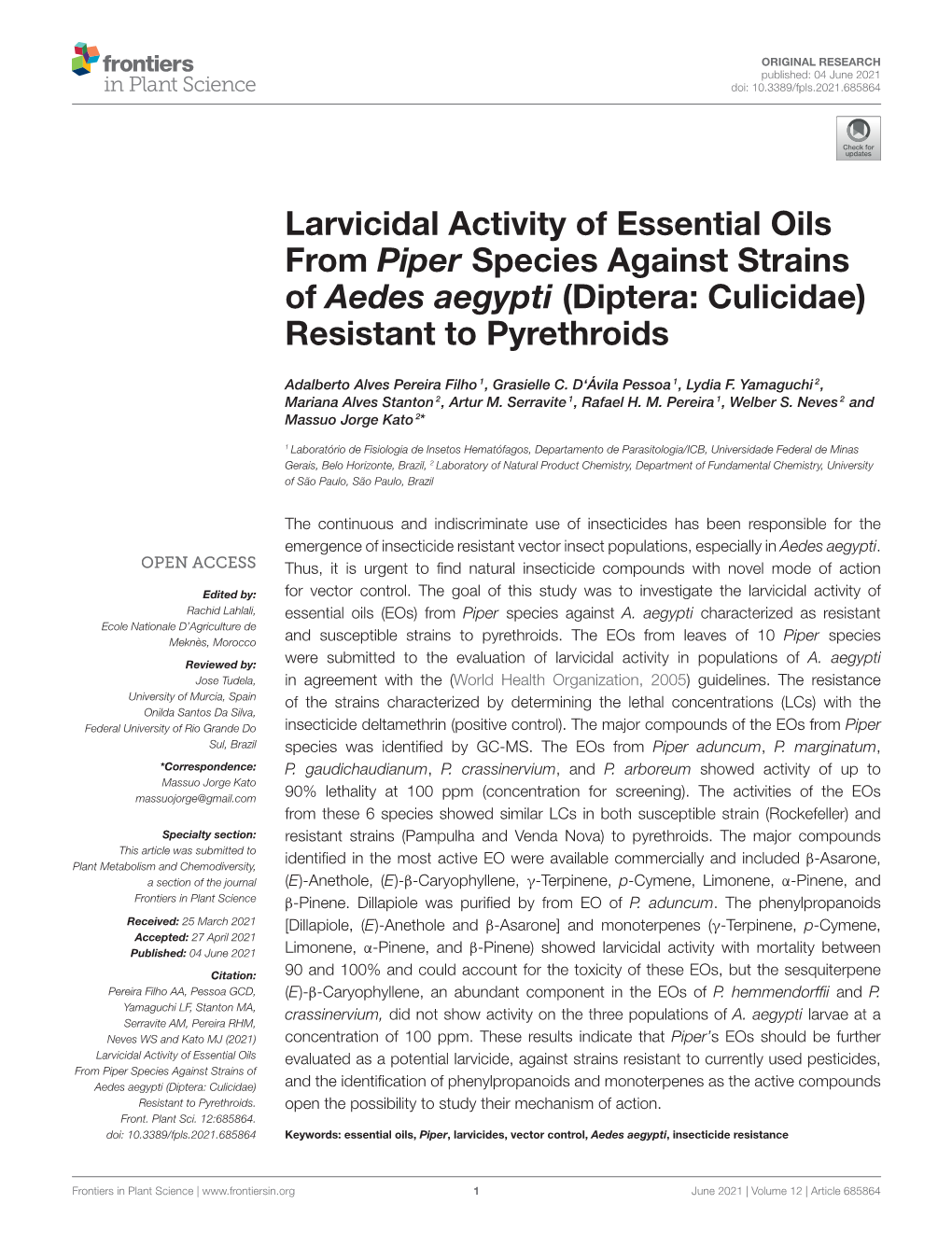 Larvicidal Activity of Essential Oils from Piper Species Against Strains of Aedes Aegypti (Diptera: Culicidae) Resistant to Pyrethroids