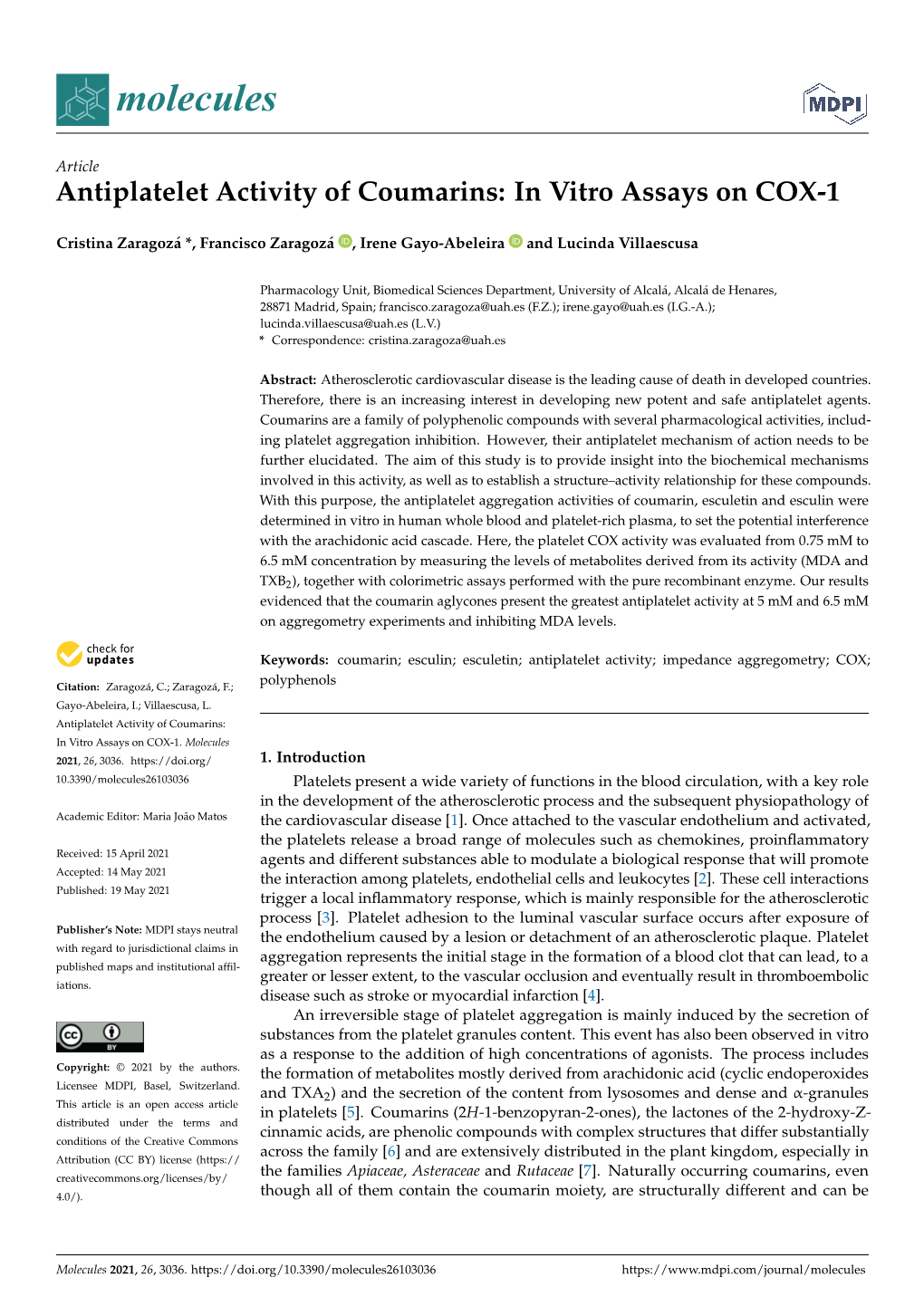 Antiplatelet Activity of Coumarins: in Vitro Assays on COX-1