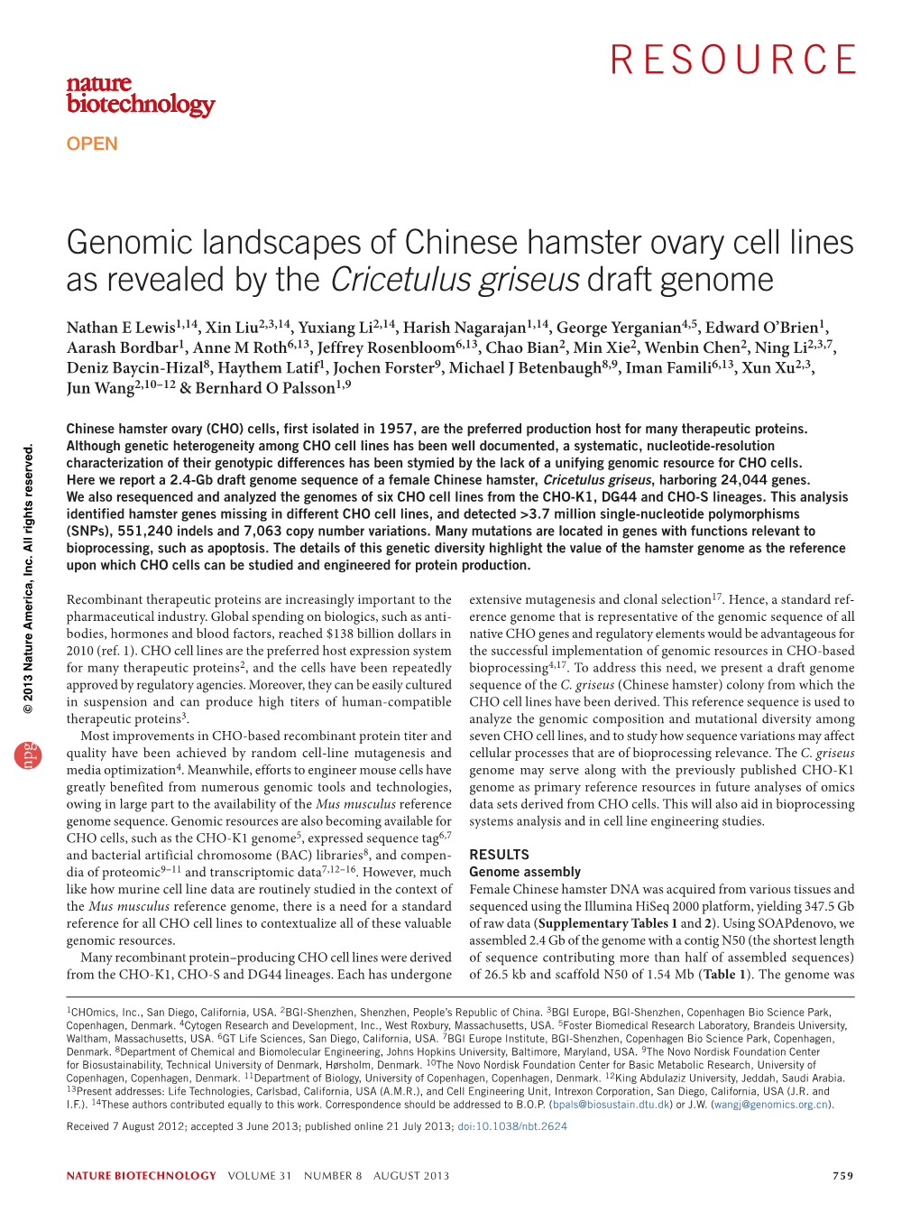 Genomic Landscapes of Chinese Hamster Ovary Cell Lines As Revealed by the Cricetulus Griseus Draft Genome