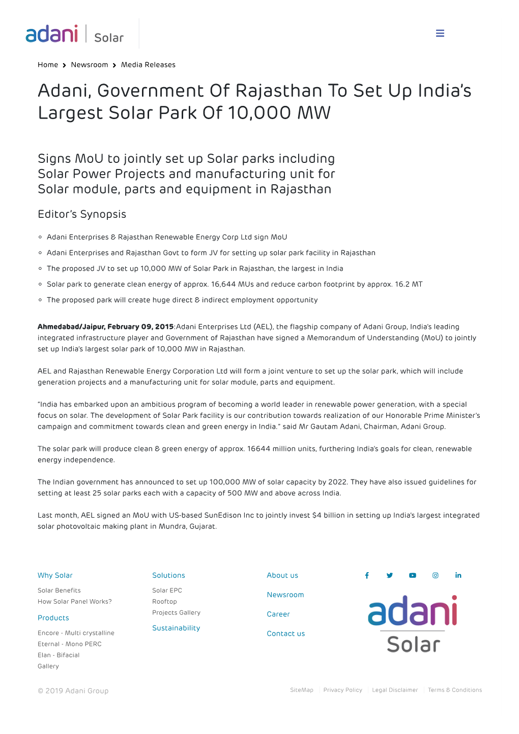 Adani, Government of Rajasthan to Set up India's Largest Solar Park Of