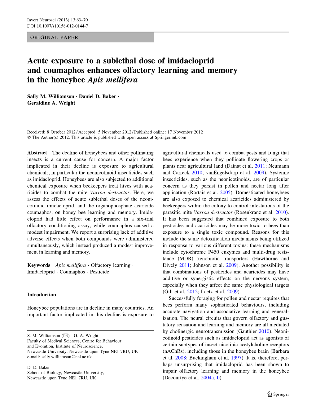 Acute Exposure to a Sublethal Dose of Imidacloprid and Coumaphos Enhances Olfactory Learning and Memory in the Honeybee Apis Mellifera