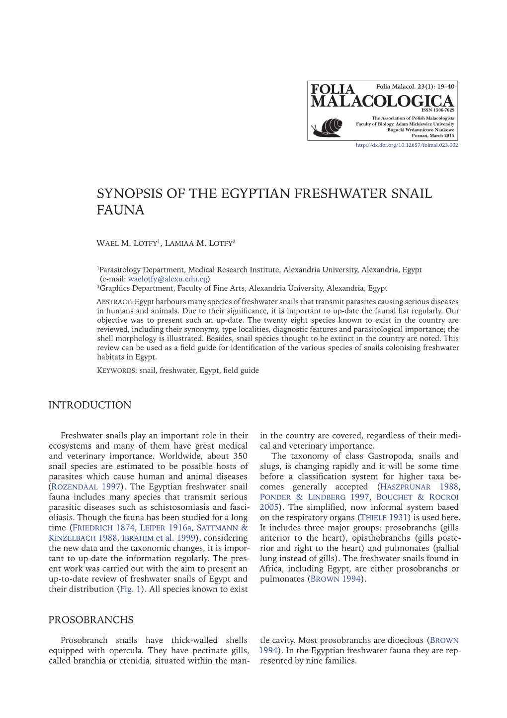Synopsis of the Egyptian Freshwater Snail Fauna