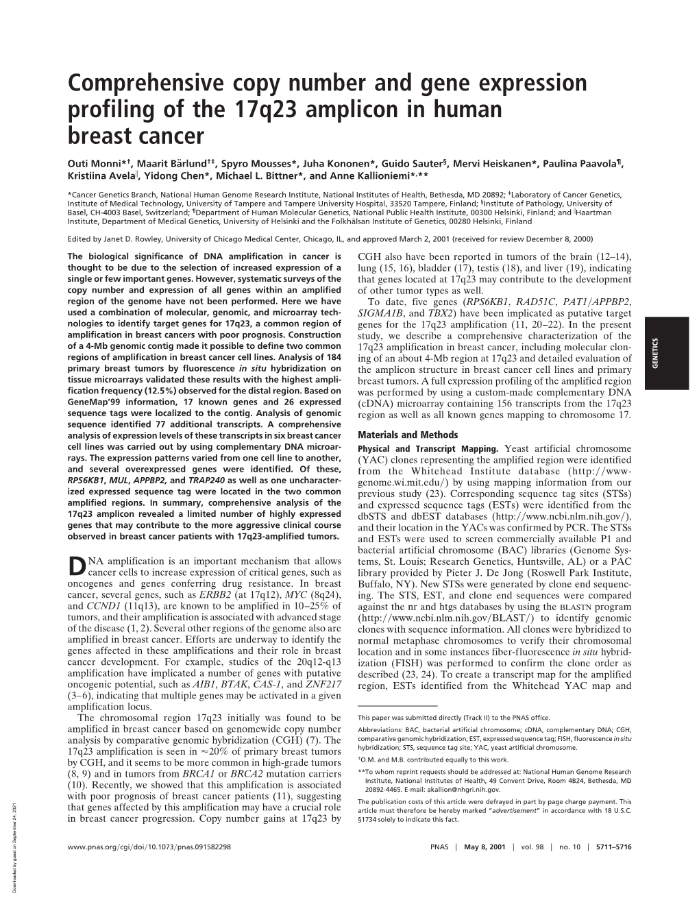 Comprehensive Copy Number and Gene Expression Profiling of the 17Q23 Amplicon in Human Breast Cancer