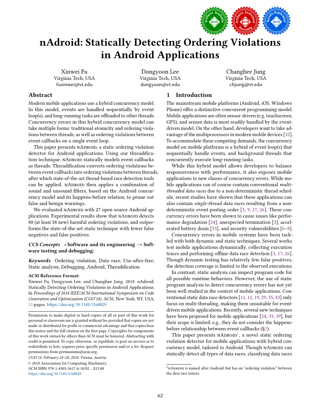 Nadroid: Statically Detecting Ordering Violations in Android Applications