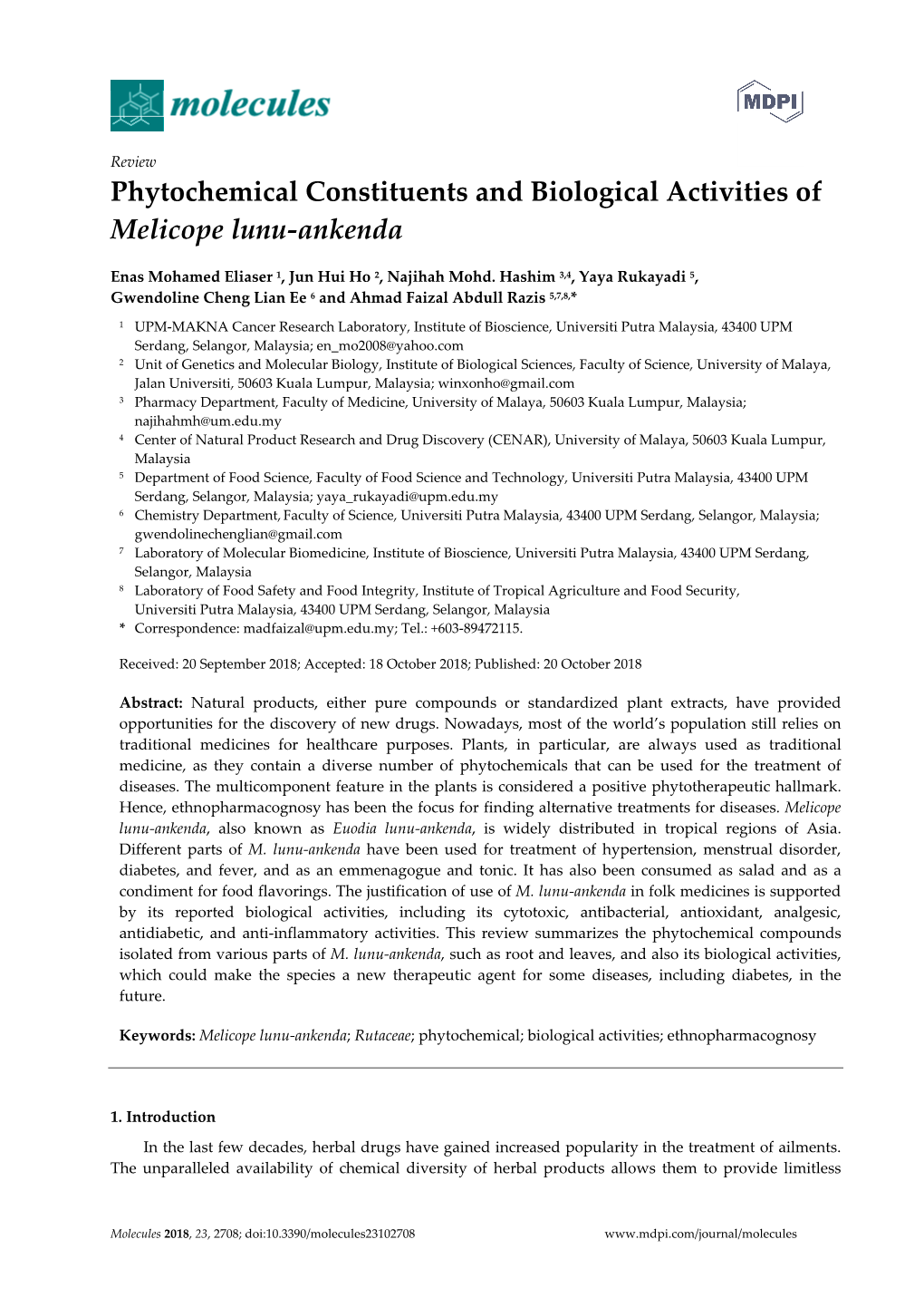 Phytochemical Constituents and Biological Activities of Melicope Lunu-Ankenda