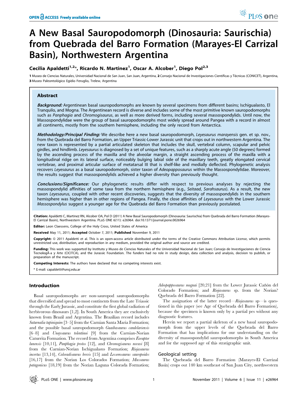 A New Basal Sauropodomorph (Dinosauria: Saurischia) from Quebrada Del Barro Formation (Marayes-El Carrizal Basin), Northwestern Argentina