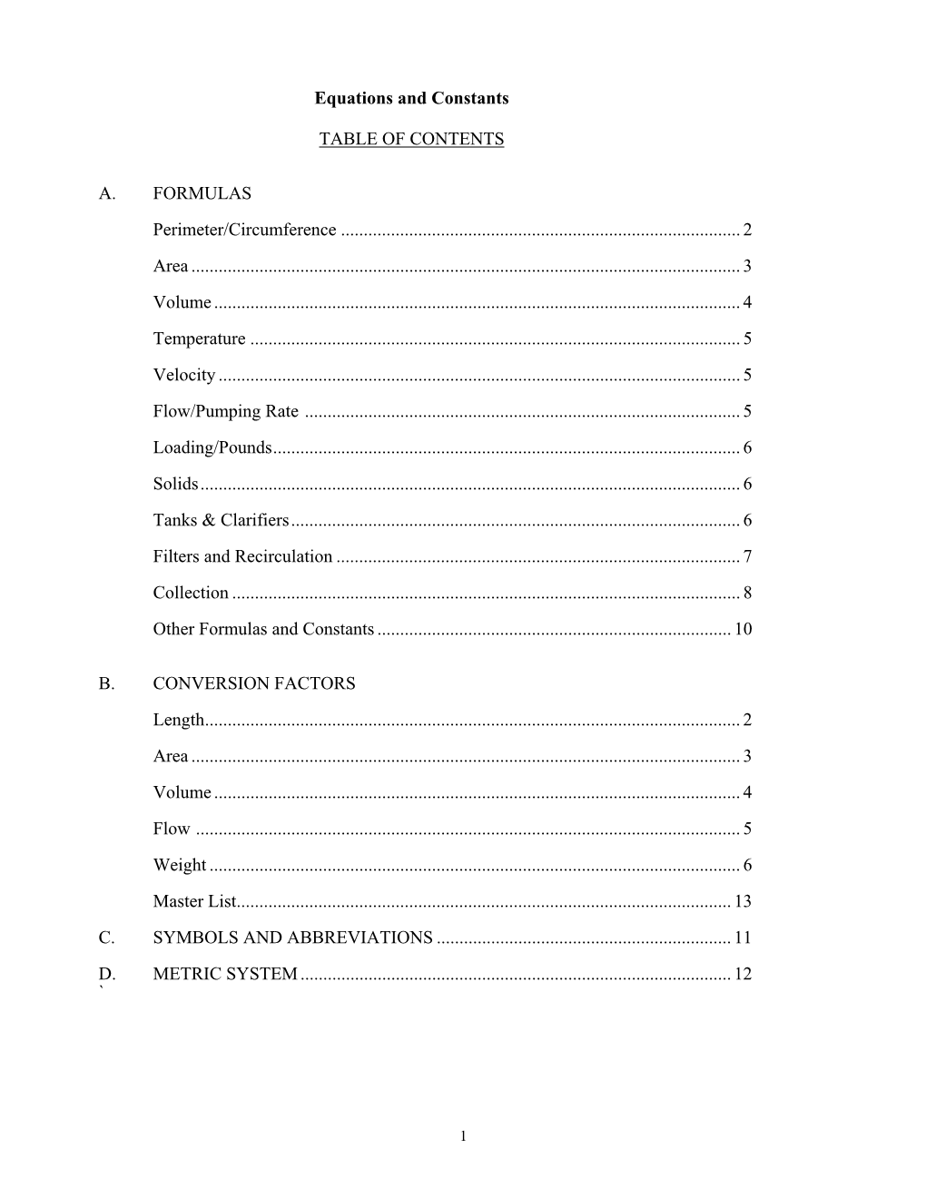 Equations and Constants TABLE of CONTENTS A. FORMULAS