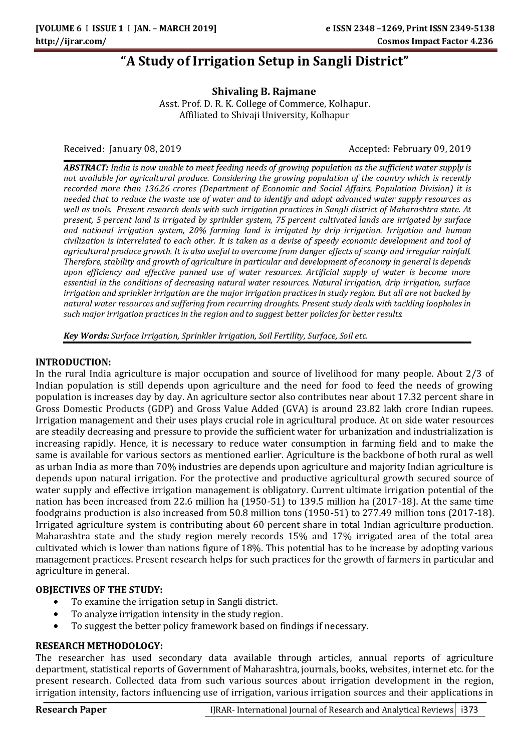 “A Study of Irrigation Setup in Sangli District”