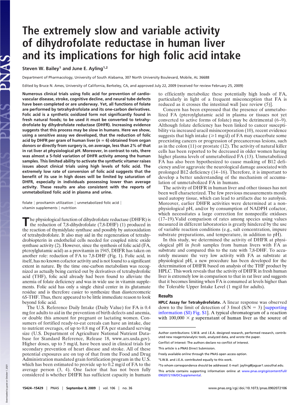 The Extremely Slow and Variable Activity of Dihydrofolate Reductase in Human Liver and Its Implications for High Folic Acid Intake