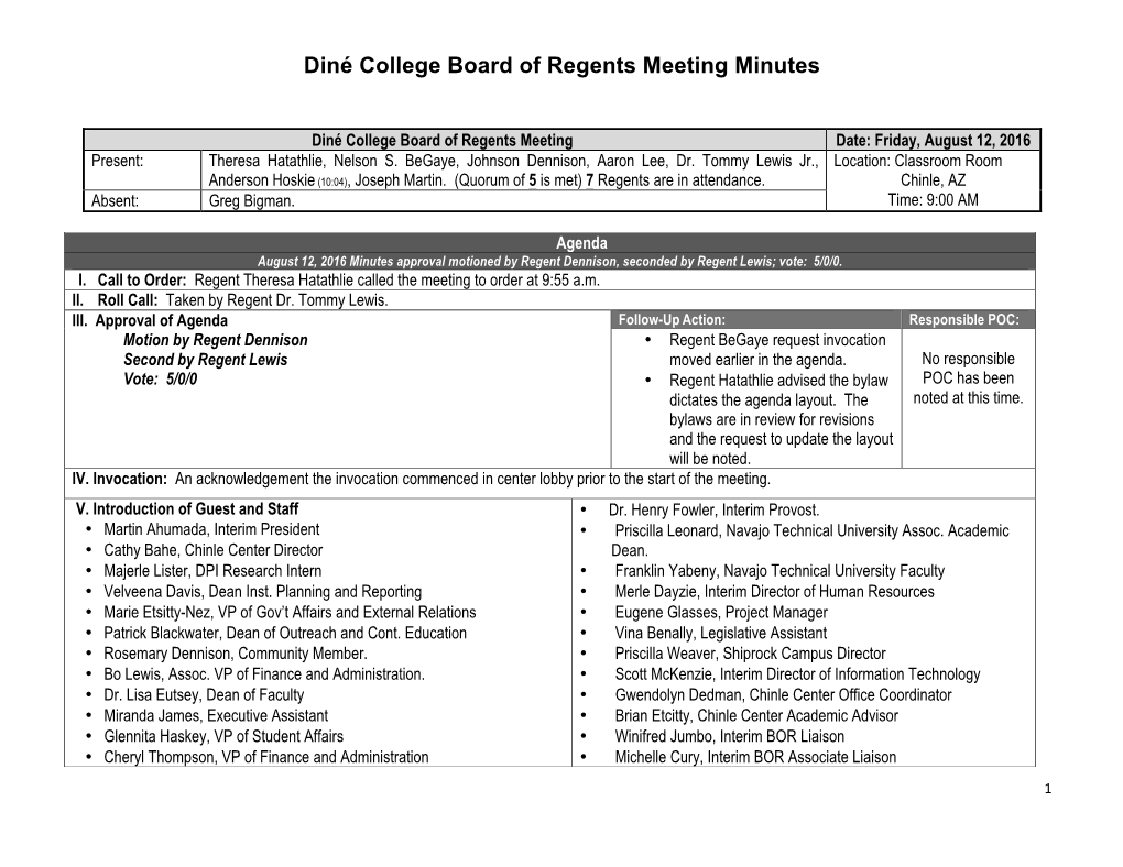 Diné College Board of Regents Meeting Minutes