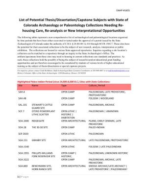 List of Potential Thesis/Dissertation/Capstone Subjects with State of Colorado Archaeology Or Paleontology Collections Needing R