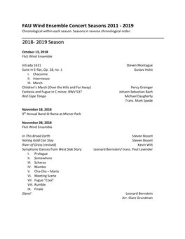 FAU Wind Ensemble Concert Seasons 2011 - 2019 Chronological Within Each Season