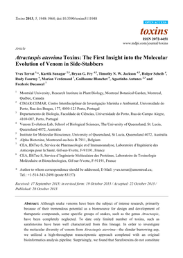 Atractaspis Aterrima Toxins: the First Insight Into the Molecular Evolution of Venom in Side-Stabbers