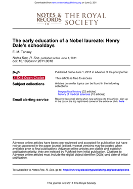 Dale's Schooldays the Early Education of a Nobel Laureate: Henry
