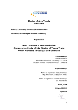 Master of Arts Thesis How I Became a Trade Unionist: Comparative Study