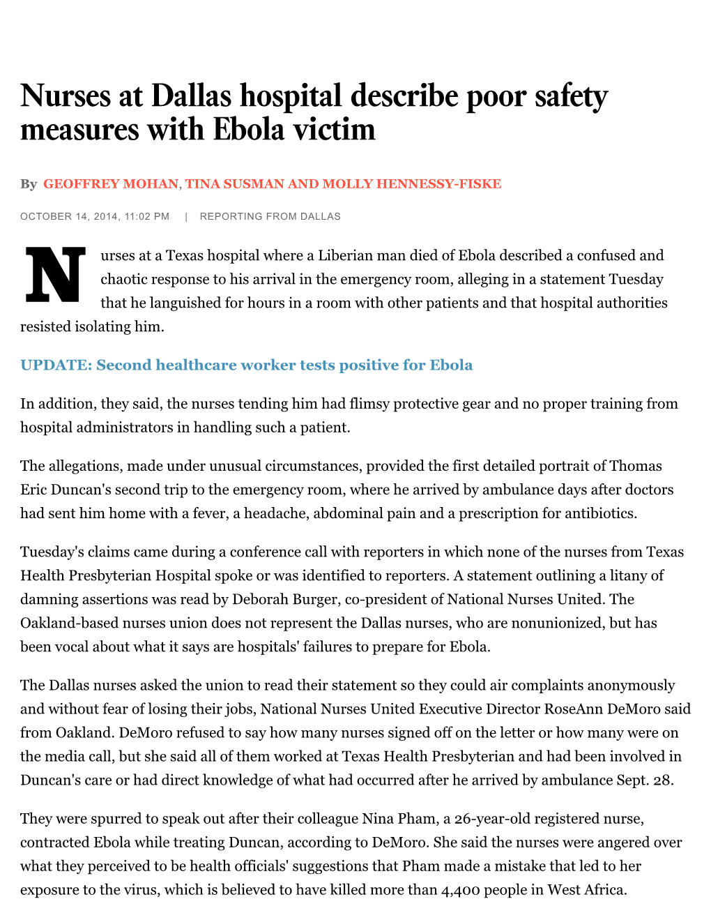Nurses at Dallas Hospital Describe Poor Safety Measures with Ebola Victim