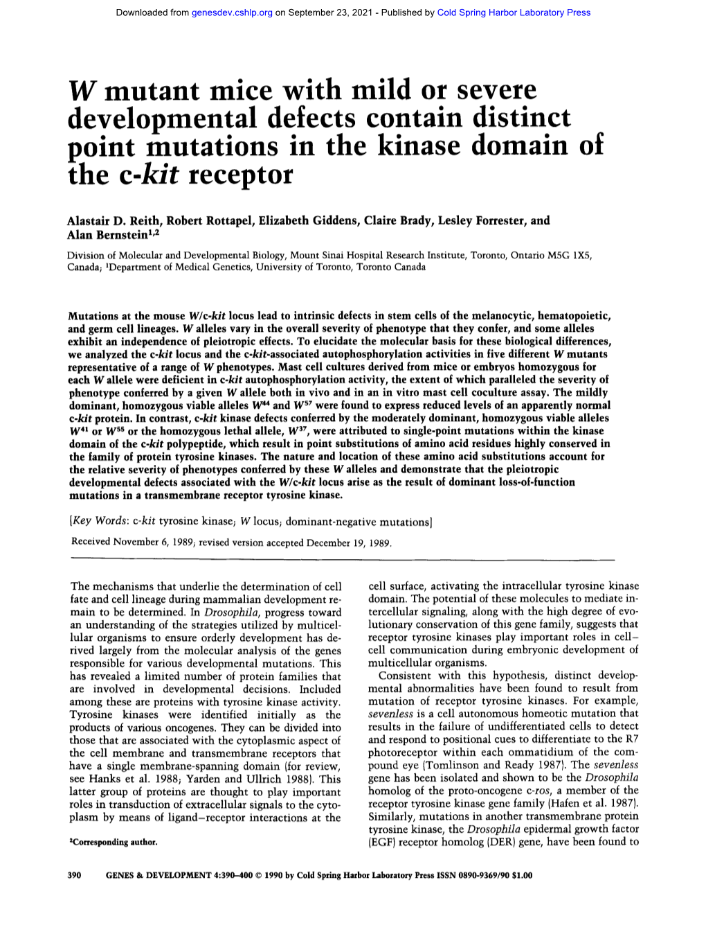 W Mutant Mice with Mild Or Severe Developmental Defects Contain Distinct Point Mutations in the Kinase Domain of the C-K T Receptor