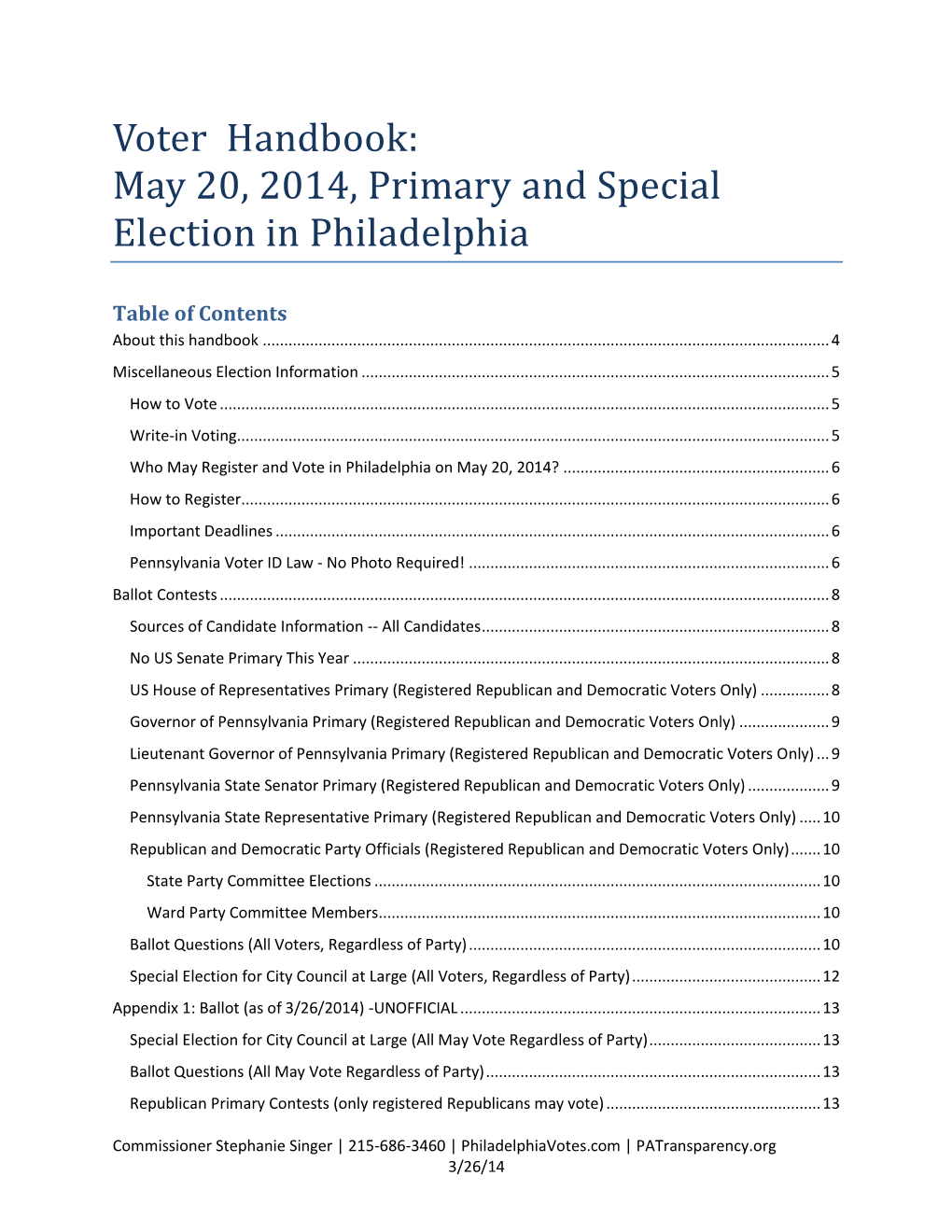 Voter Handbook: May 20, 2014, Primary and Special Election in Philadelphia