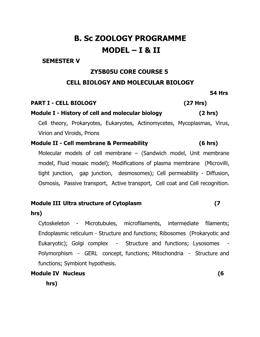 B. Sc ZOOLOGY PROGRAMME