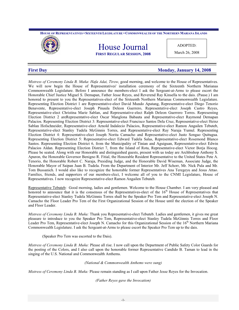 House Journal ADOPTED: FIRST REGULAR SESSION, 2008 March 26, 2008