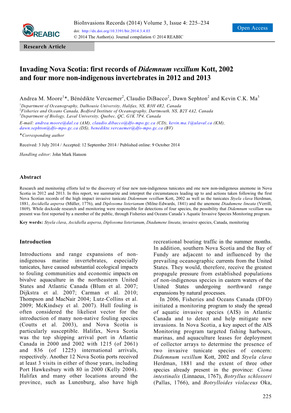 Invading Nova Scotia: First Records of Didemnum Vexillum Kott, 2002 and Four More Non-Indigenous Invertebrates in 2012 and 2013