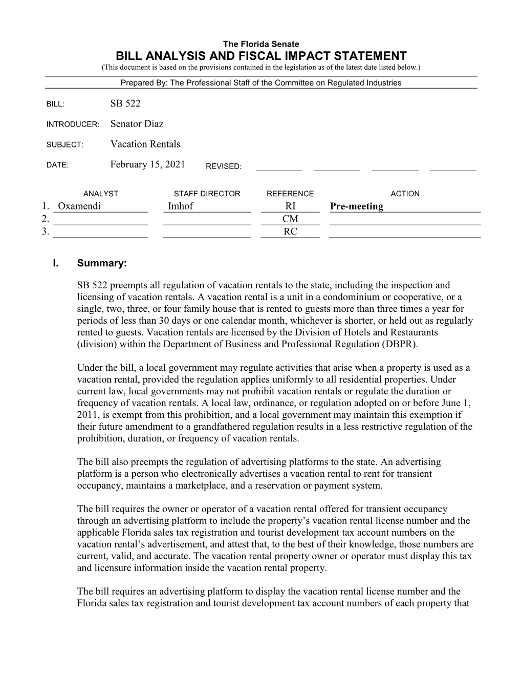 Bill Analysis and Fiscal Impact Statement