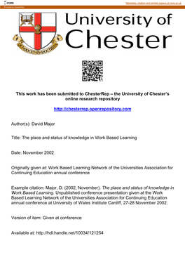 This Work Has Been Submitted to Chesterrep – the University of Chester’S Online Research Repository