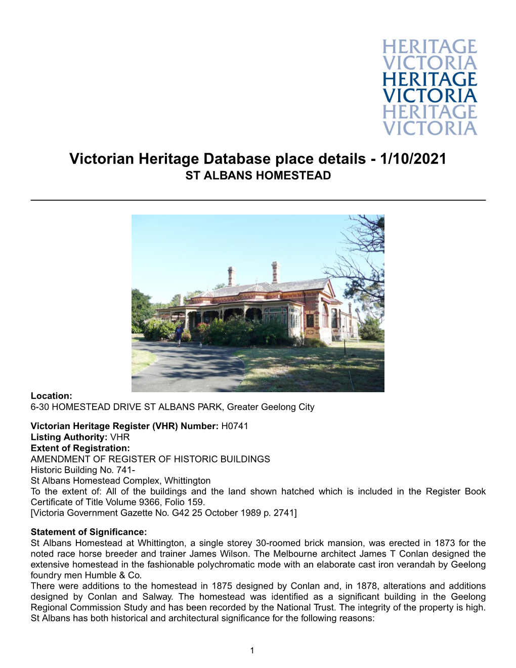 Victorian Heritage Database Place Details - 1/10/2021 ST ALBANS HOMESTEAD