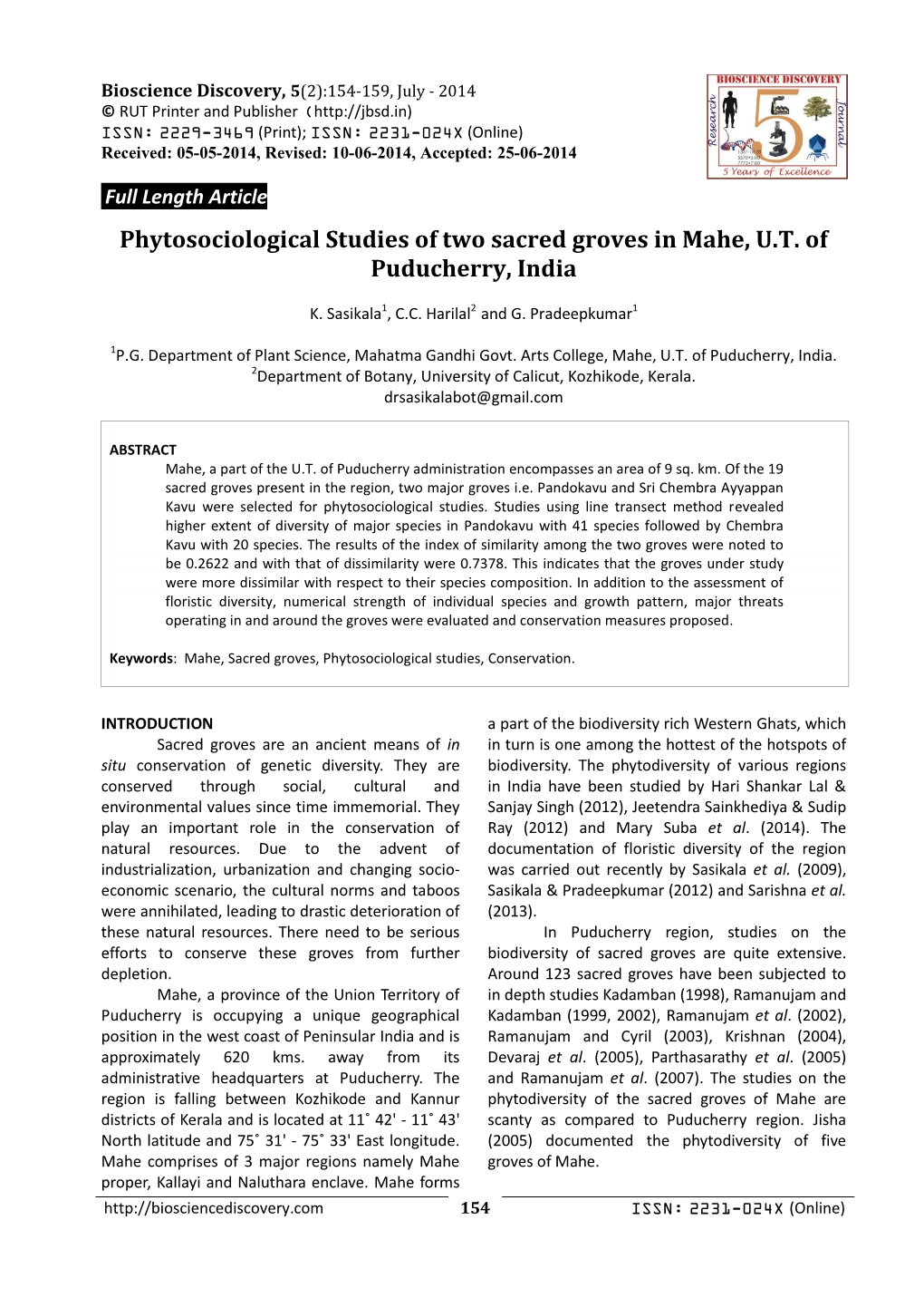 Phytosociological Studies of Two Sacred Groves in Mahe, U.T. of Puducherry, India