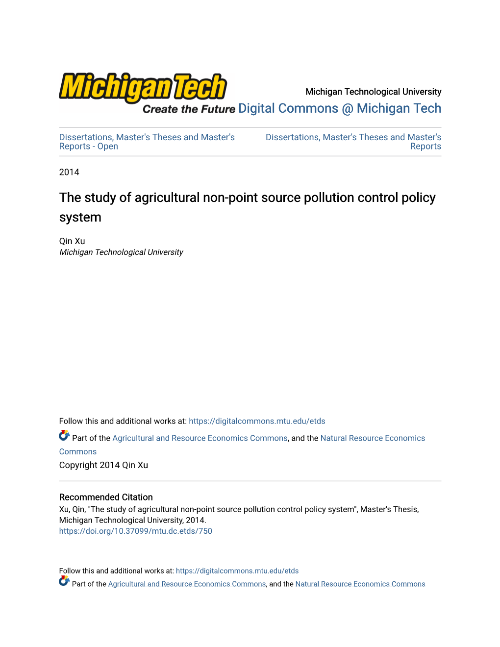 The Study of Agricultural Non-Point Source Pollution Control Policy System