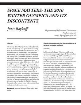 Space Matters: the 2010 Winter Olympics and Its Discontents